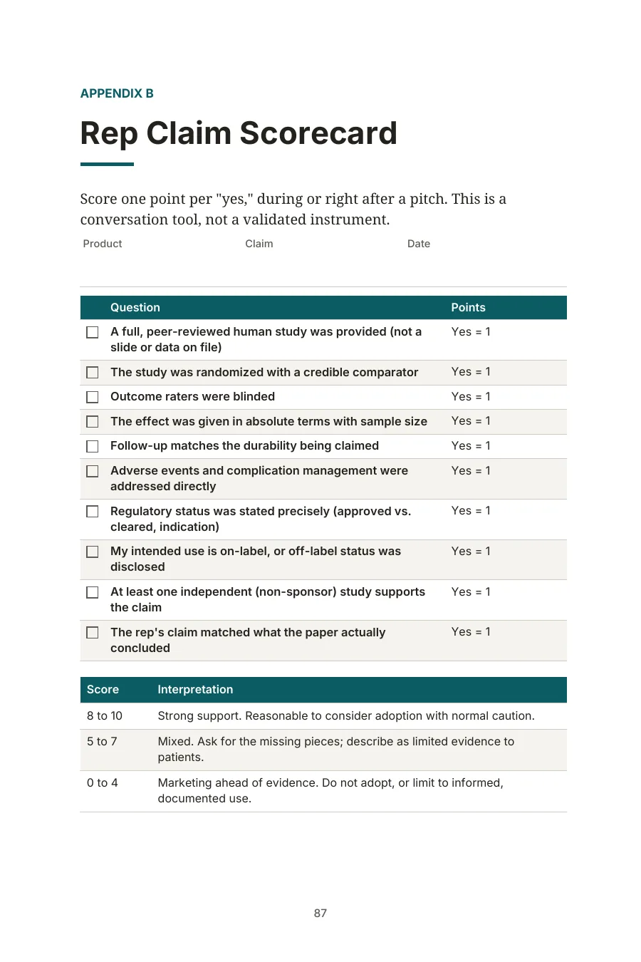 Sample page from Appendix B: the printable Rep Claim Scorecard